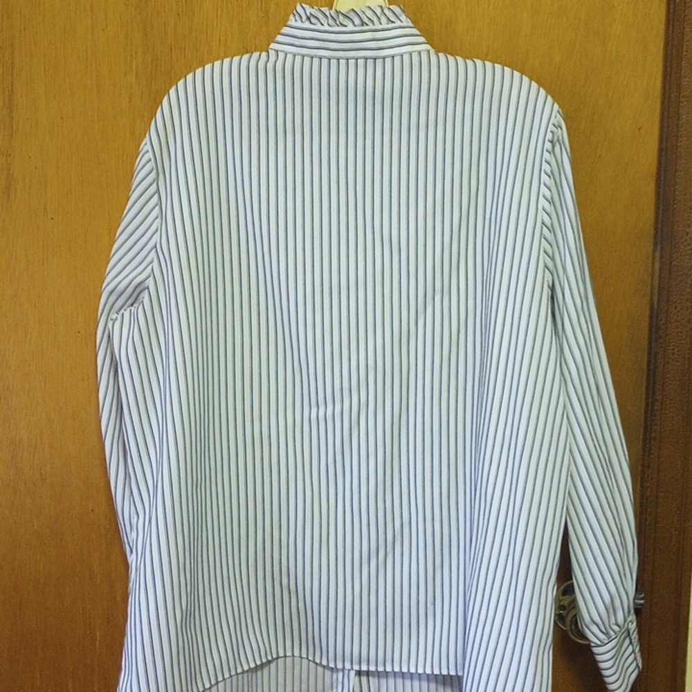 Levi Strauss Cream/White & Black Striped Polyester Vintage Blouse w/ High Neck - Picture 3 of 6